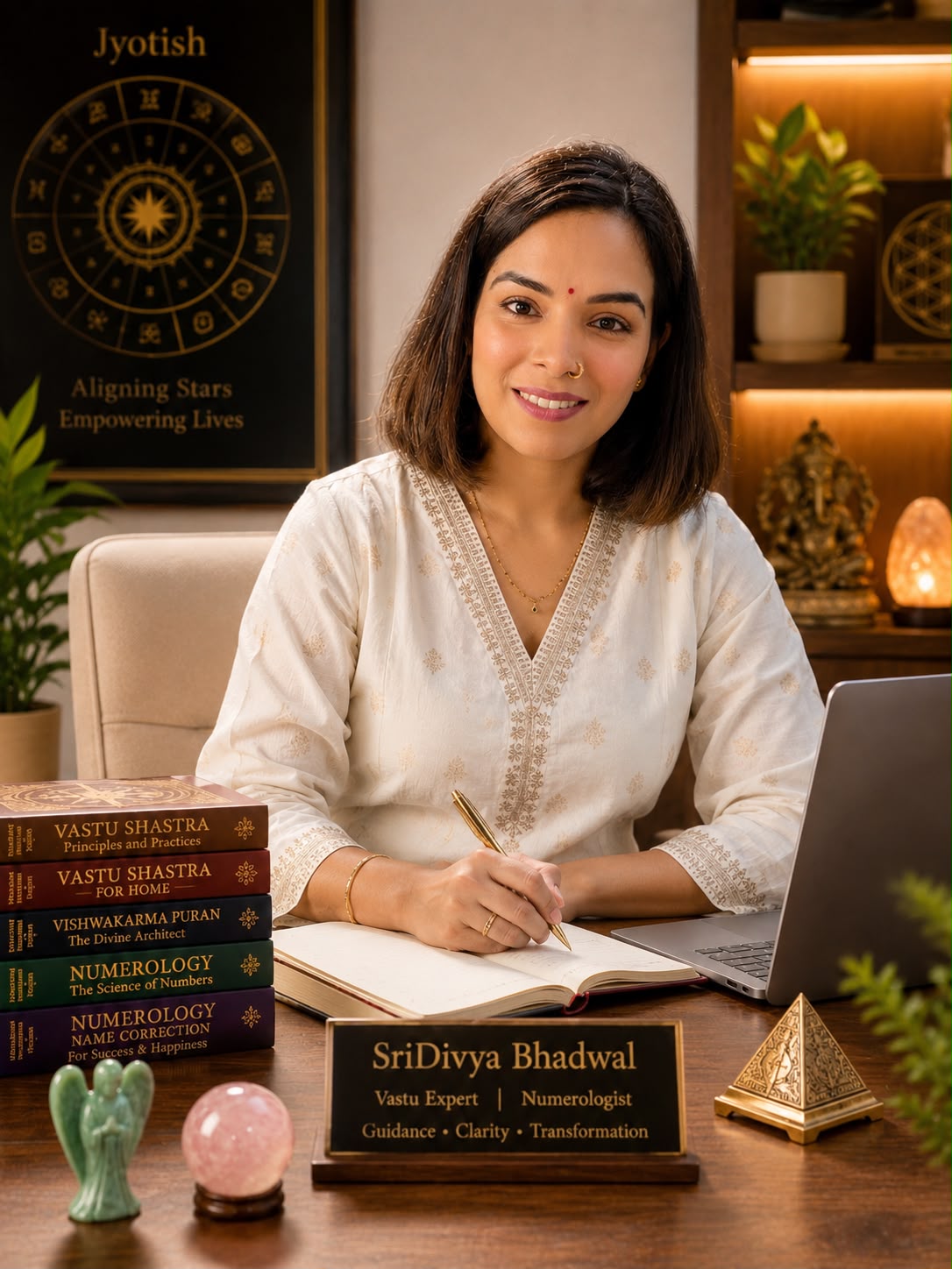 SriDivya Bhadwal at her desk with Vastu and Numerology books